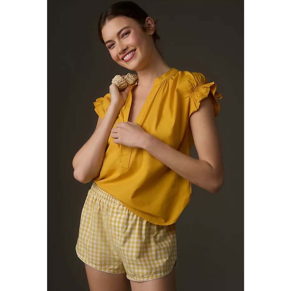 Anthropologie Pilcro Tatum Flutter Sleeve Blouse Poplin Mustard Yellow Small